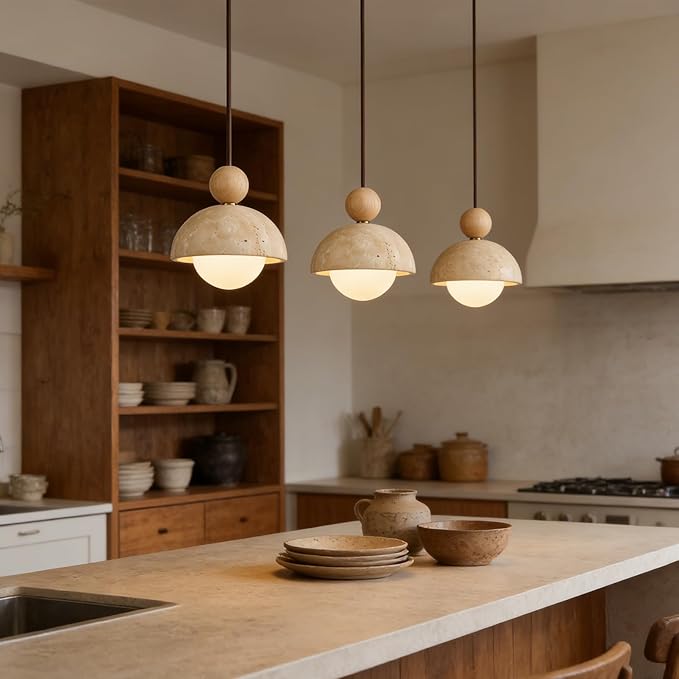 Wabi Sabi Travertine Pendant Light, 7.1 inch Natural Stone & Wood Hanging Lamp for Kitchen Island, Hallway, Bedroom, Dining Room Ceiling Decor (G9 Bulb, Stone Round, 1pcs)