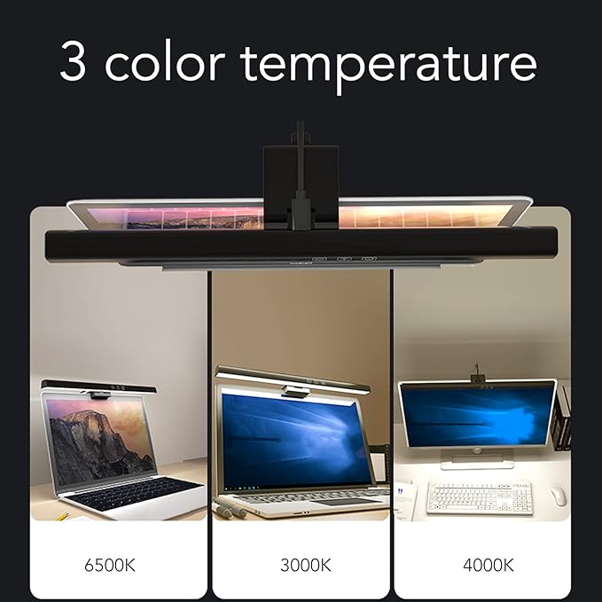 Computer Monitor Lamp, E Reading No Screen Glare or Flicker Monitor USB Powered Monitor Light Bar, Space Saving Eye Caring Task Light with Timing and Color Temperature Adjustment