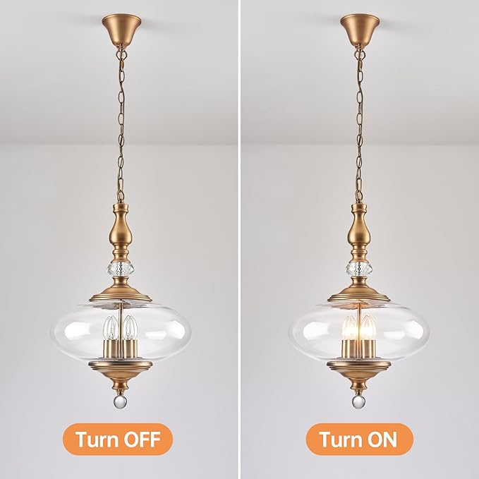 Vintage Pendant Light Brass Glass Pendant Light 15.74" Wide Adjustable Hanging Height 5 Light Pendant for Sitting Room, Kitchen, Dining Room, Ressing Room Hallway Entryway