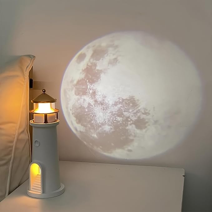 Moon Lighthouse Projector Night Light with Motion Sensor - Rechargeable LED Galaxy Table Lamp, Moon Lamp for Kids, Bedroom, Nursery Decor - Perfect Christmas, Birthday Gift for Boys & Girls