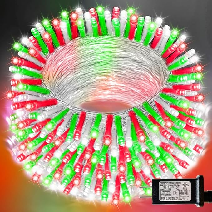 LAMPHOME Red Green White Christmas String Lights, 300 LED 99 FT Connectable Waterproof String Lights Transparent Wire with16 Modes, Xmas Vintage Decorations for Indoor Outdoor Party Yard Garden Decor