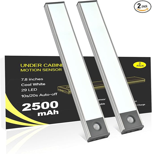 Under Cabinet Lighting, 2500mAh Motion Sensor Light Indoor, 160lm Rechargeable-Battery-Operated Closet Light, Magnetic Under Counter Lights for Kitchen, Stair, Drawer, Safe(7.8in, Cool White, 2 Pack)