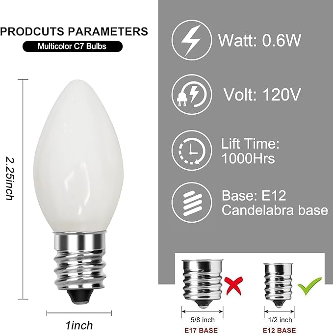 C7 LED White Replacement Bulbs, 25 Pack C7 Ceramic White Christmas Light Bulb, 0.6W Night Light Bulbs Vintage Replacement Bulbs for Outdoor Christmas String Lights