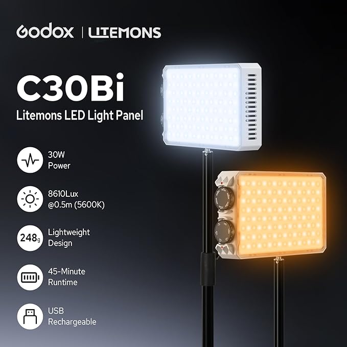 Godox Litemons C30Bi Bicolor LED Panel Light with Diffuser, 8610Lux 30W 2800K-6500K Camera Light with Silent Fan, TLCI96+ for Outdoor Photography Live Streaming Zoom Calls