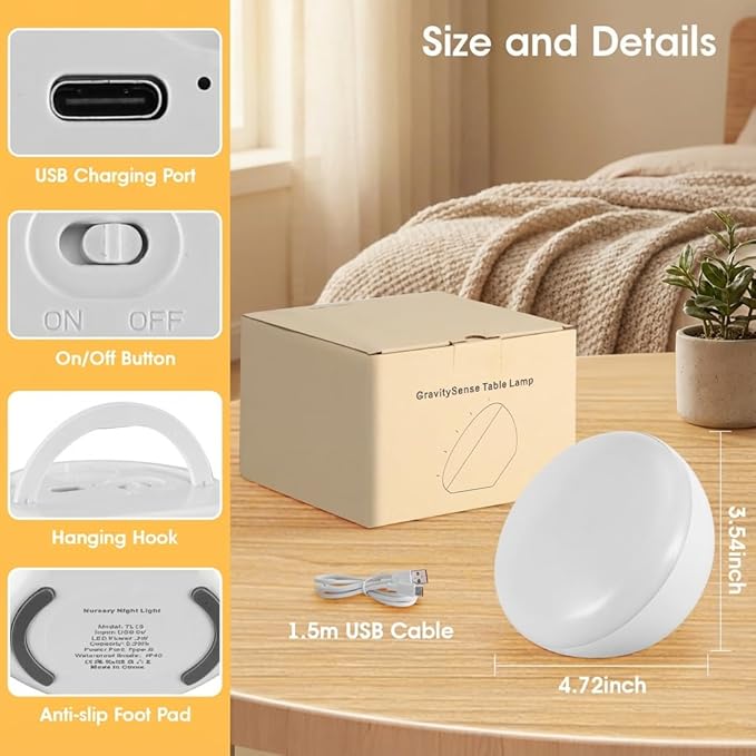 Gravity Sensor Cordless Table Lamp - 2700K Warm Light Rechargeable 2200mAh Battery Operated, Portable Mini Night Light for Nursery/Camping,No Button Tilt to Light, Bedroom/Outdoor/Gift