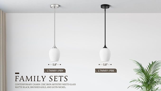 Milk Glass Pendant Lights Kitchen Island, 1-Light 5.8" Brushed Nickel Modern Pendant Light Fixtures with Rods, Mini Hanging Lighting for Kitchen Island Sink Bathroom Dining Room, E26 Base