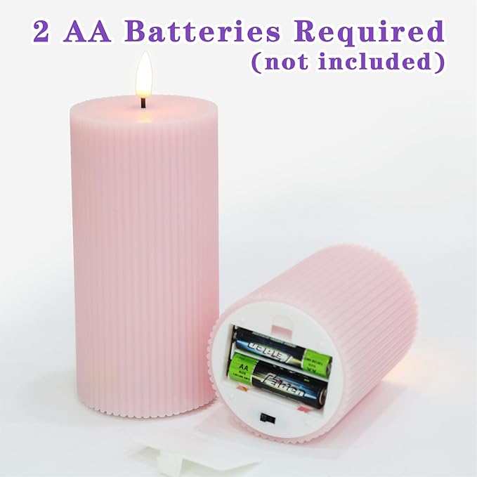Pink Ribbed Flameless Pillar Candles with Remote, Flickering LED Wax Candles Battery Operated Set of 2