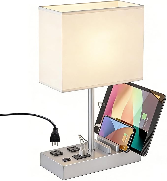 Dreamholder Bedside Table Lamp with 3 USB Charging Ports, 2 AC Outlets and 3 Phone Stands, Modern USB Desk Lamp with Silver Wooden Base