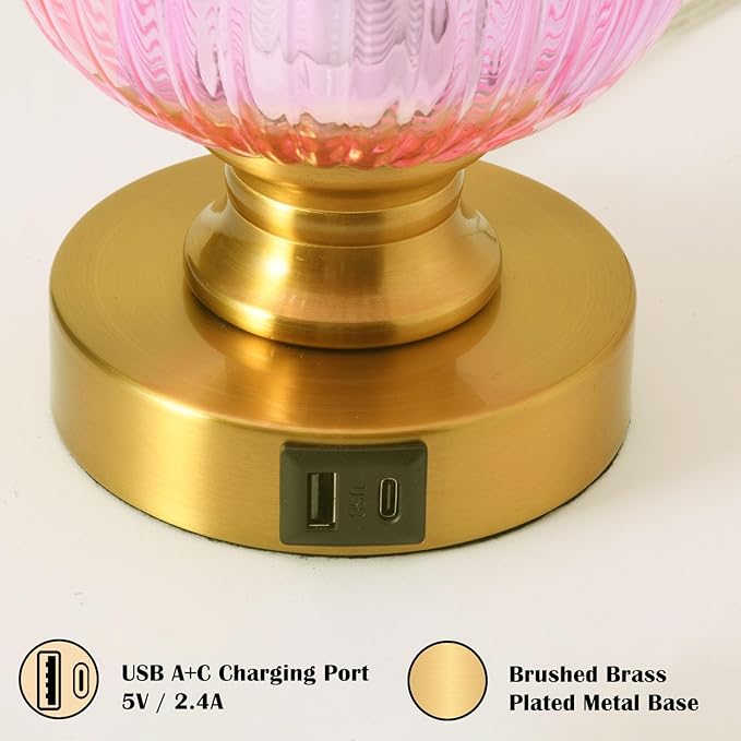 Mid Century Glass Table Lamp,Dimmable Desk Lamp,LED Bulb Included,Touch Control & USB A+C Port,Pink Ribbed Glass