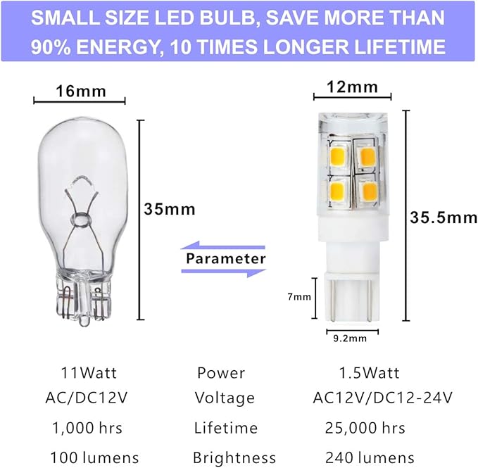 Low Voltage Landscape Replacement LED Light Bulb 12V T5 T10 Wedge Base 25W Equivalent 1.5W 240lm for Garden Path, Deck, Walkway, Lawn Light - Warm White 3000K Pack of 6