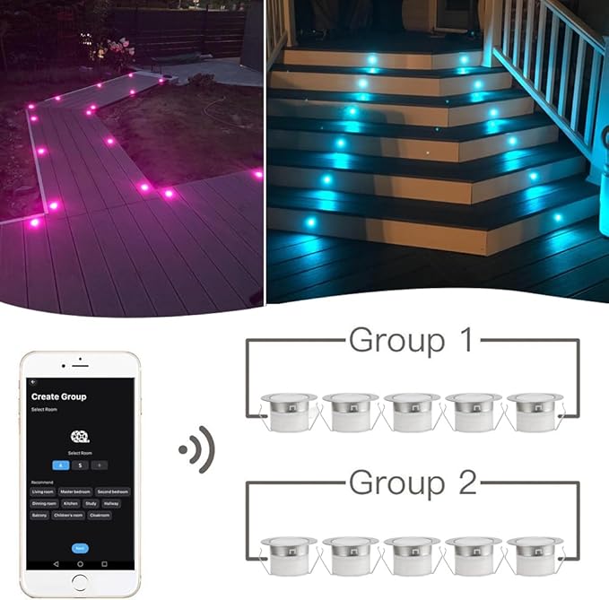 Sumaote LED Deck Lights Kit, 20pcs Φ1.22 WiFi Wireless Smart Phone Control Low Voltage Recessed RGB Deck Stair Lights Waterproof Outdoor Step Yard Path Landscape Decor, Fit for Alexa, Google Home