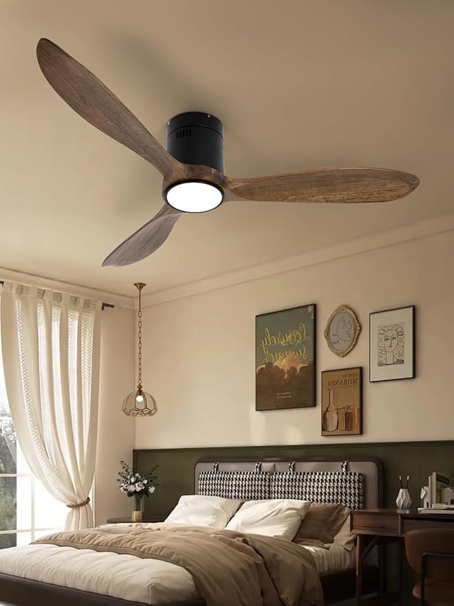 VACILL Wood Flush Mount Ceiling Fan with Light and Remote,52 inch Low Profile Ceiling Fan,Wooden Fan 3 Blades,6 Speed,LED Dimmable,DC Motor(Amber Wood)