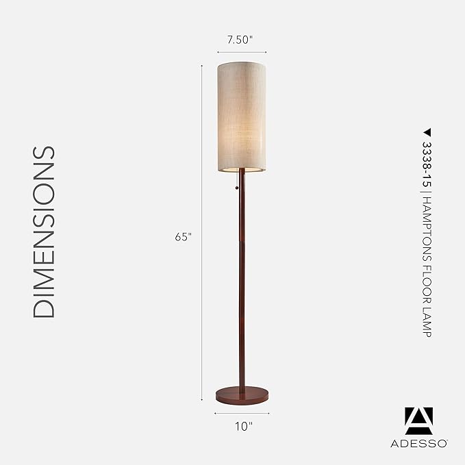 Adesso Floor Lamp with Walnut Wood Finish and Beige Linen Lampshade – Mid-Century Modern Bedroom, Home Office Lighting, or Living Room Decor, 65” x 16”