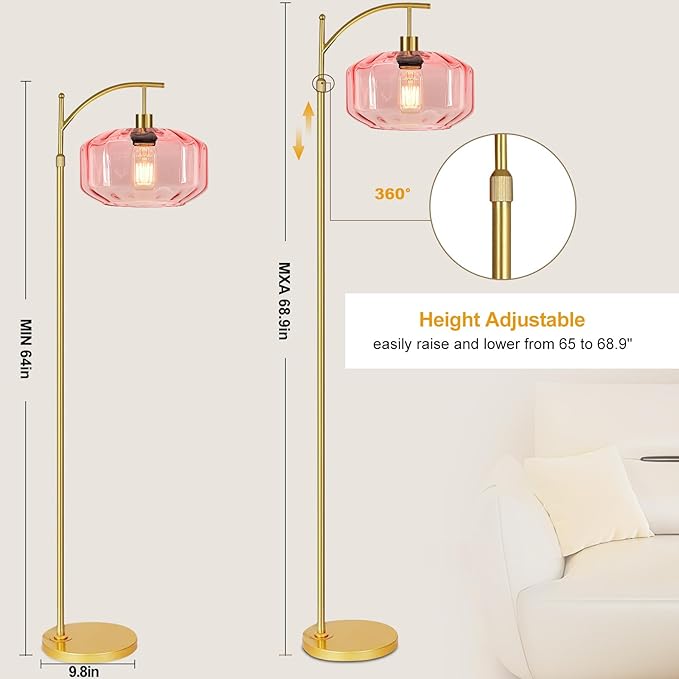 Vintage Floor Lamps for Living Room Glass Floor Lamp with Remote Control & 3 Color Temperature,Dimmable Floor Lamp Gold Mid Century Modern Standing Lamp Brass Tall Pink Floor Lamps for Bedroom Corner