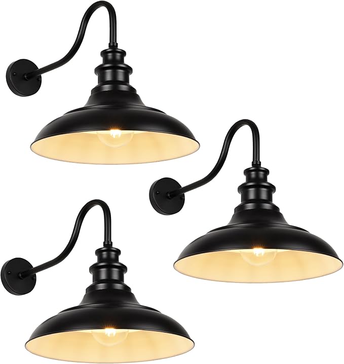 Exterior Farmhouse Gooseneck Barn Light, 16 Inch Vintage Outside Garage Light Fixtures, 3PCS Anti-Rust Waterproof Outdoor Light for Patio Frontdoor Entryway Doorway, Matte Black