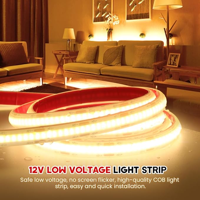 KISUFU 12V COB LED Strip Lights 320 LEDs/M IP68 Waterproof Super Bright DC Flexible LED Tape Lights with Power Adapter for for DIY Bedroom Kitchen Home Decor