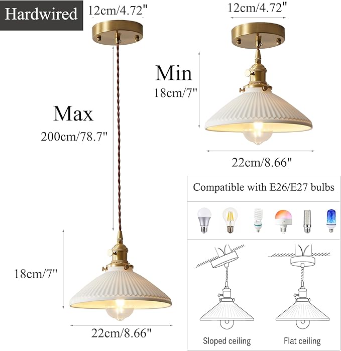 Vintage Industrial Ceramic Pendant Lights Fixtures - 6.56 FT Adjustable Hanging Wire, Brass Socket, E26/E27 Bulb Compatible, Modern Hanging Lamp Ideal for Kitchen, Dining, Bedroom (Hardwire)