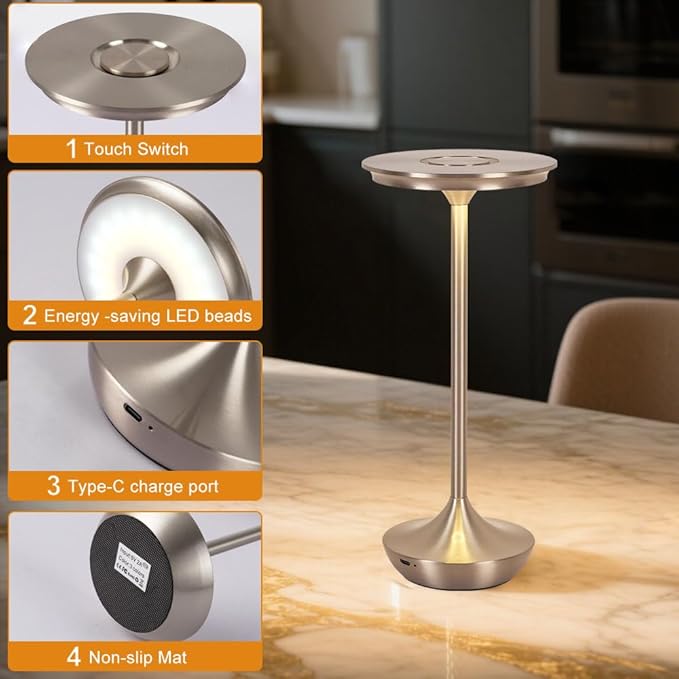 LED Cordless Table Lamp Rechargeable,Portable 6000mAh Battery Outdoor Bedside Table Lamps,3 Color Stepless Dimming Touch Battery Powered Lamp, Table Light for Restaurant/Patio/Camping/Bedroom(Silver)
