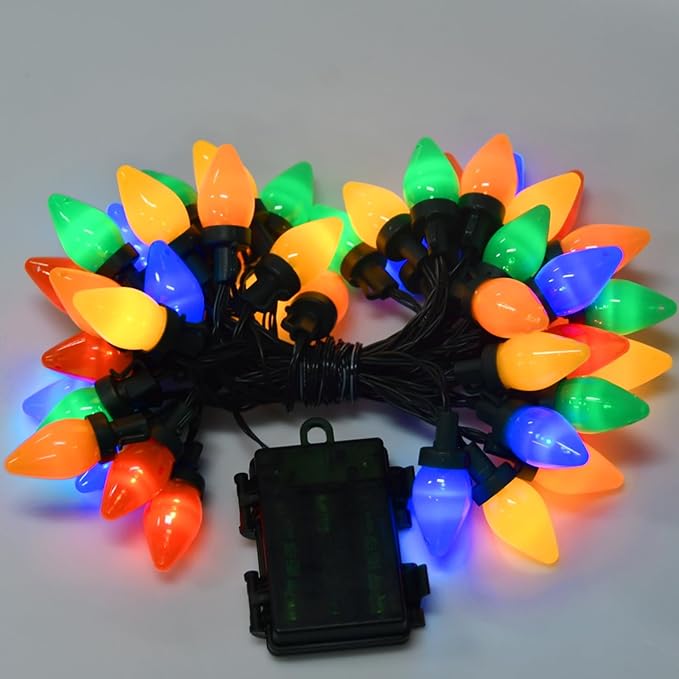 27.5Ft C7 LED Battery Operated Christmas Lights Outdoor with Timer, 8 Mode Twinkle Multicolor Christmas Tree Lights Indoor Outdoor Waterproof for Light up Christmas Tree Home Yard Decor, 50 LED Bulbs