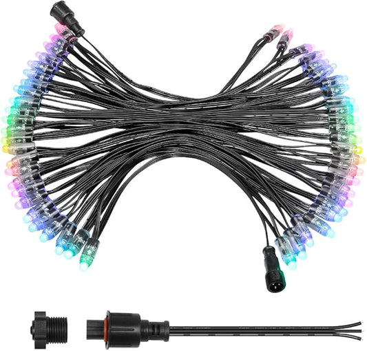 ALITOVE WS2811 24V LED Pixel Lights Xconnect 42.9ft Individually Addressable RGB IC Bullet Pixel String Lights 50pcs Waterproof IP68 for Billboard House Halloween Christmas Decor, 12inch Spacing