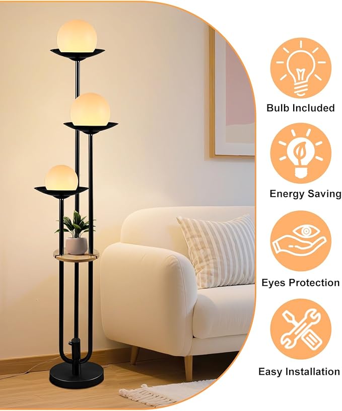63IN Globe Floor Lamp with Table, 3-Lights Modern Dimmable Floor Lamps with 3000K Soft Warm White Bulbs for Wedding/Party, Black Tall Standing Lamp for Living Room/Bedroom