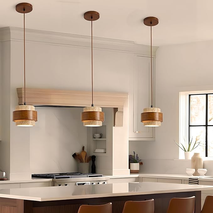 Natural Stone Pendant Light, Wabi Sabi Travertine & Wood Hanging Lamp for Kitchen Island, Hallway, Bedroom, Dining Room Ceiling Decor (E26 Bulb, 6.7 in Stone Ring, 1pcs)