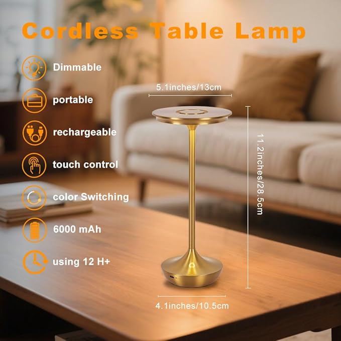 LED Cordless Table Lamp Rechargeable,Portable 6000mAh Battery Outdoor Bedside Table Lamps,3 Color Stepless Dimming Touch Battery Powered Lamp, Table Light for Restaurant/Patio/Camping/Bedroom(Gold)