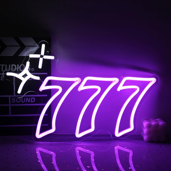 Purple 777 Neon Sign Angel Number Neon Lights Signs Lucky Number Seven LED Neon Signs for Wall Decor White Star Neon Wall Sign 777 Light Up Sign for Bedroom Dorm Birthday Party Y2k Room Decor