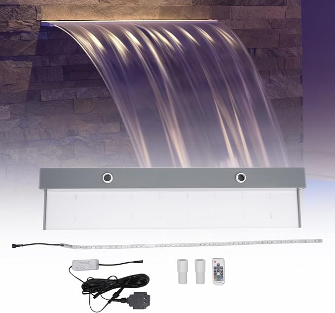 36" Pool Fountain Pool Waterfall Spillway, Acrylic 7 Color LED Light Lighted Waterfall Pool Fountain Changing Spillway