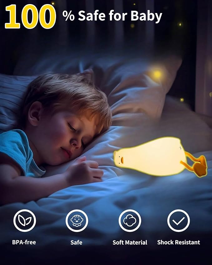 Lying Flat Duck Night Light, Squishy Duck Lamp with Tap Control, 30-Min Auto-Off Timer, Rechargeable Silicone Bedside Lamp for Kids Adults, [Easter Gifts]
