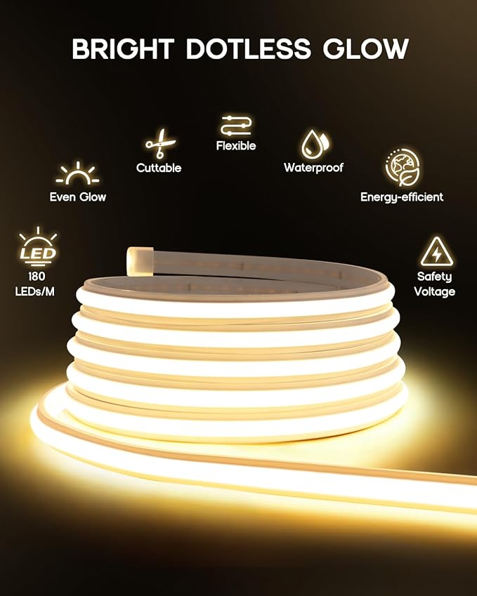 COB LED Strip Lights Daylight White 6000K,12V 16.4ft IP67 Waterproof High CRI 90Ra+ Super Bright,Flexible Tape Lights for Outdoor,Bedroom,Kitchent,Cabinet,Bathroom(Power Supply Not Included)