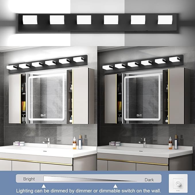 Aipsun 5 Color Temperature 6 Lights Black LED Vanity Lights Dimmable Acrylic Modern Matte Black Bathroom Vanity Lighting Fixtures Bathroom Wall Light Fixtures Over Mirror
