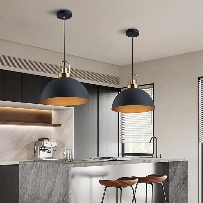2 Vintage Industrial Pendant Light 13.58 "Dome Black and Gold Chandelier Lighting Brass Socket Chandelier line Length 78.74" Bedroom, Kitchen Island, Porch, Garage, 2 Packages
