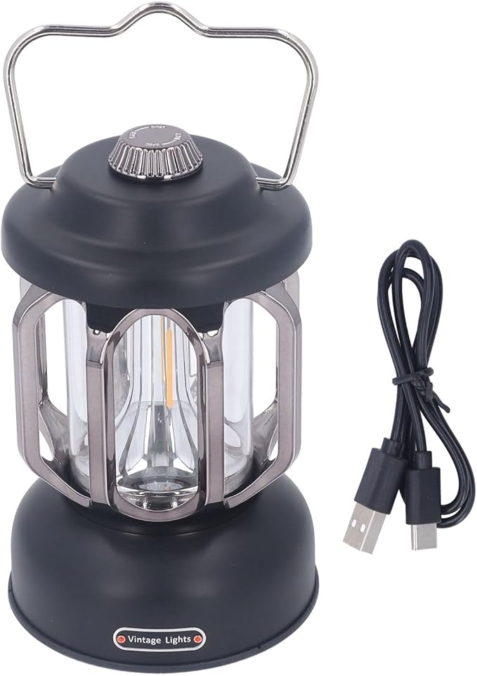 Retro Camping Lantern, Rechargeable LED Tent Lamp with 3 Light Modes, Dimmable Vintage Camping Light with Hook, USB Type C Portable Lantern for Garden Outdoor (Black)