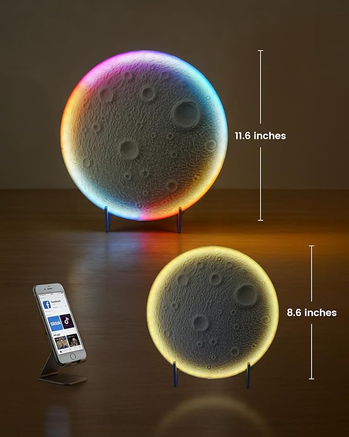 3D Moon Lamp – 3D Printed PLA Floating Moon, APP & Manual Control, RGB Music-Sync, Desktop & Wall-Mountable Night Light for Home, Kids, Party (Moon 11.6inches)