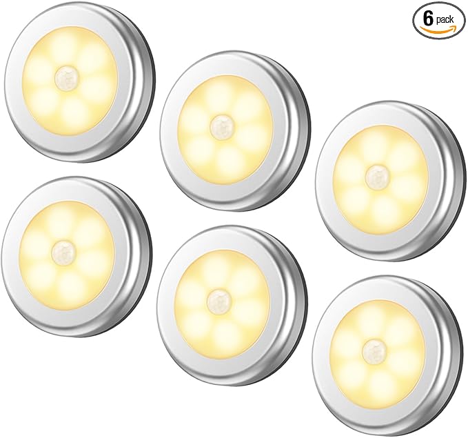 AMIR Upgraded 3.15” Motion Sensor Light, Cordless Battery-Powered LED Night Light, Stick on Closet Lights Stair Lights, Puck Lights for Hallway, Bathroom, Bedroom, Kitchen (Warm White - Pack of 6)