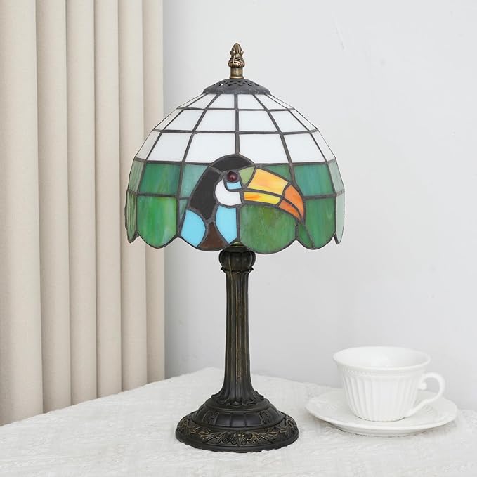 Small Tiffany Lamp Stained Glass Lamp Retro Style Bird Toucan Reading Bedside Table Lamp for Bedrooms Kitchen Dormitories Studies Antique Home Restaurant Office Decor Children's Gift 8 Inch