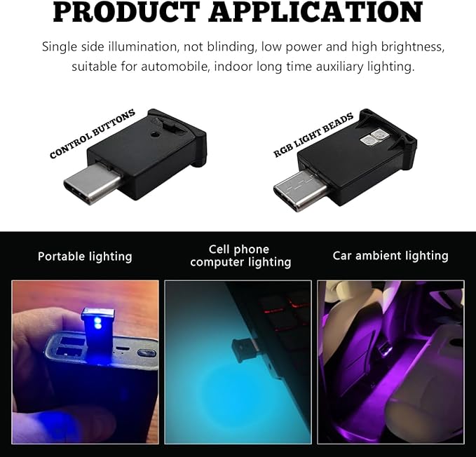 2PCS USB Type C LED Ambient Light, 8 Colors RGB LED Car Atmosphere Lamp with Adjustable Brightness, 5V Plug-in USB Night Lights Interior Decoration for Vehicle Home Office