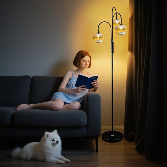 Lightdot 70IN Dimmable Floor Lamp for Living Room, 3 Light LED Tree Floor Lamps with Glass Globe Shade& Bulb Included, Mid Century Standing Tall Lamp for Bedroom/Sofa Beside/Corner Decor-Black