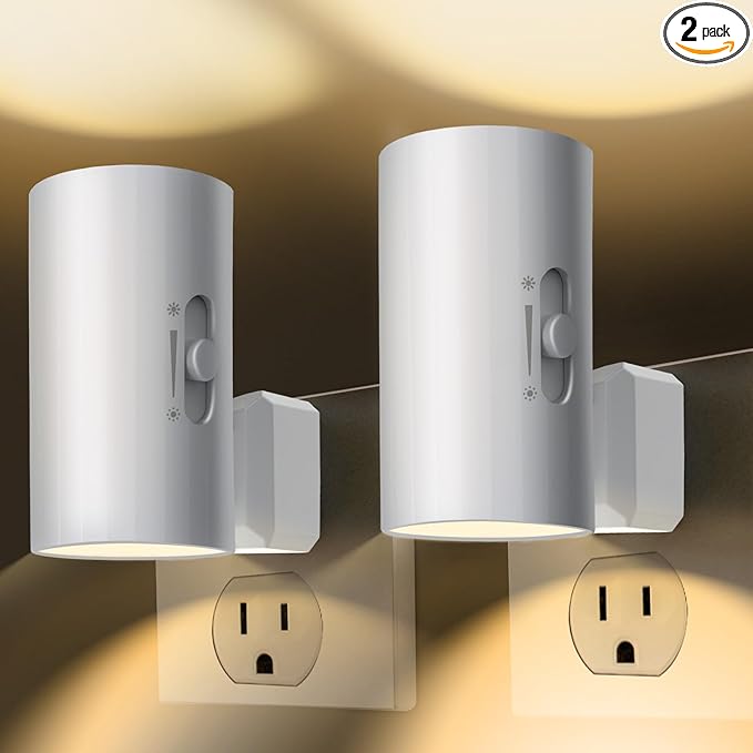 Night Light, Led Night Lights Plug into Wall, Sensor Dusk to Dawn, 0-100 LM Dimmable Night Lights, 3000K Soft White for Bathroom Bedroom Kitchen Toilet Hallway Stairway, 2 Pack