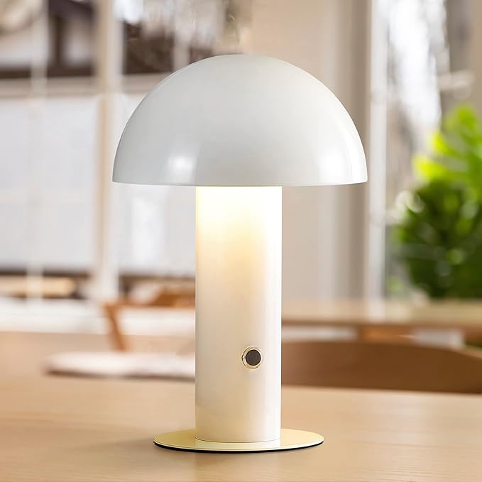 JONATHAN Y 10.75" White Rechargeable LED Mushroom Table Lamp, Cordless Portable Bedside Lamp for Living Room Bedroom, 3-Way Dimmable Modern Iron Desk Light, Metal Shade (JYL7115B)