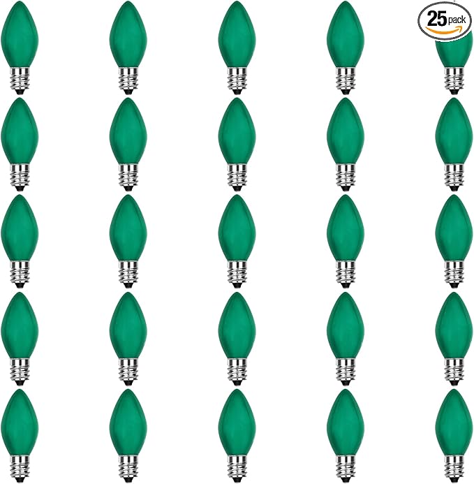 25 Pack C7 Green Replacement Light Bulbs, C7 LED Christmas Blubs for Christmas String Lights, E12 Candelabra Vintage Bulbs for Outdoor String Lights, Green