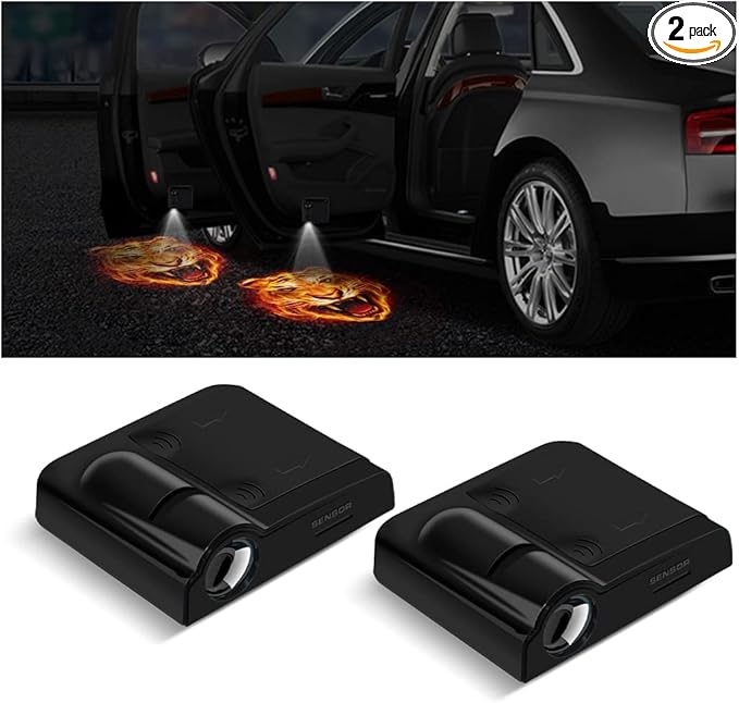 2Pcs Car Door Lights Logo Projector, Wireless LED Car Door Paste Welcome Courtesy Light, Holeless Magnet Sensor Ghost Shadow Welcome Lamp, Naruto Sharingan Light Accessories (Fire Tiger)