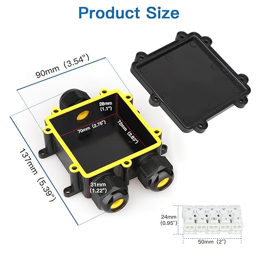 Helunsi 2 Pcs Waterproof Junction Box 3 Way, IP68 External Waterproof Electrical Junction Box, Black Underground Junction Box Outdoor Cable Connector, for Diameter 5mm -14mm Wire Gland (Larger)