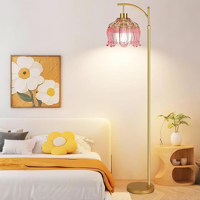 Pink Floor Lamp for Living Room,Bedroom,Glass Gold Dimmable Standing Lamp with Remote,Mid Century Modern Brass Tall Lamp Boho Floor Lamps Arc Stained Tulip Flower Floor Light Lamp Bohemian