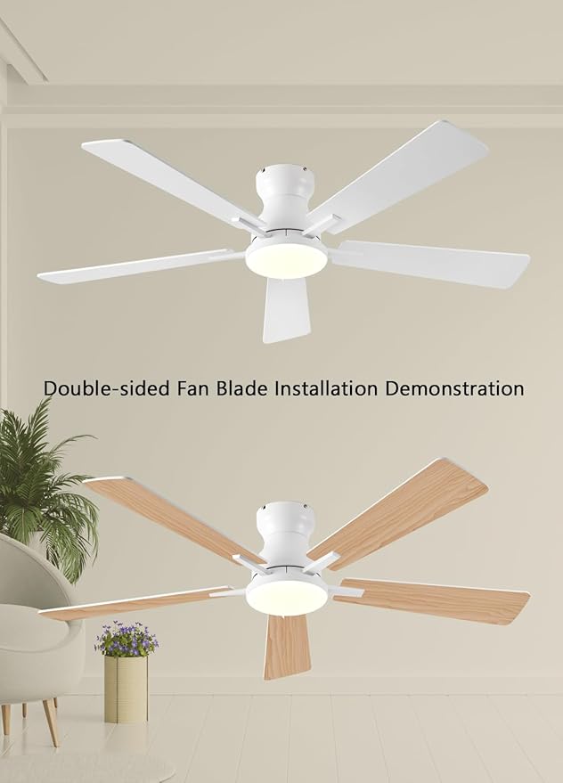 Ceiling Fans with Lights, 52Inch Low Profile Ceiling Fan with Light and Remote/App Control, Modern Flush Mount White Ceiling Fan, 3CCT Dimmable, Reversible DC Motor, for Living Room,Bedroom