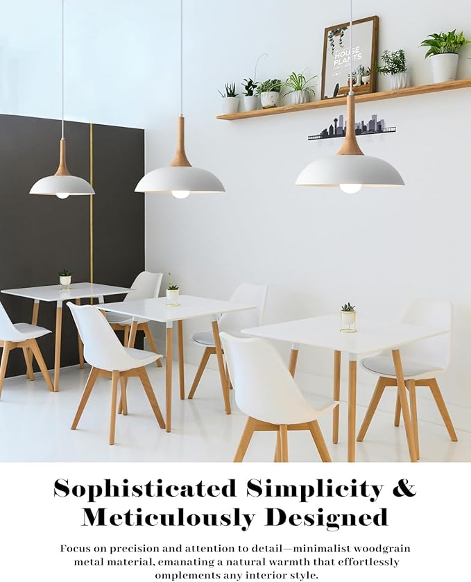White Pendant Lights Kitchen Island, 2 Pack Modern Pendant Light with Wood Cap, 13.8 inch Dome Pendant Light for Kitchen, Dining Room, Living Room