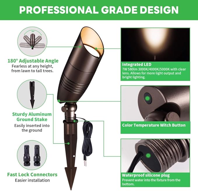 Low Voltage Spotlight, 3CCT 3000K/4000K/5000K Adjustable, Outdoor 12V LED Landscape Lighting, Waterproof IP65 ORB Aluminum Spot Light for House Tree Garden Yard Uplighting