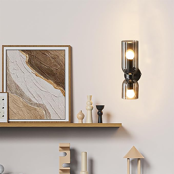 Modern Wall Sconces Set of 2 | Black Metal & Smoke Gray Glass | Bedroom, Living Room & Bathroom