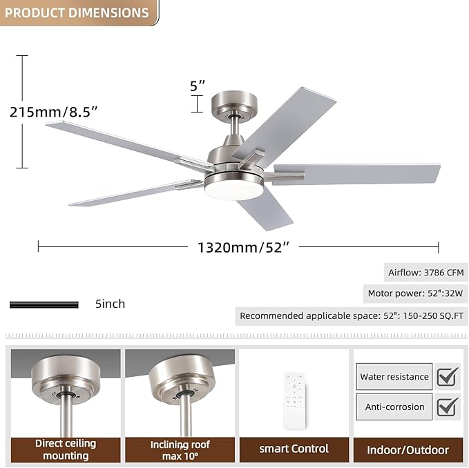 Ceiling Fans with Lights, 52 inch Nickel Ceiling Fan with Light and Remote Control, Reversible, 3CCT, Dimmable, Noiseless, Small Ceiling Fan for Bedroom, Indoor/Outdoor Use